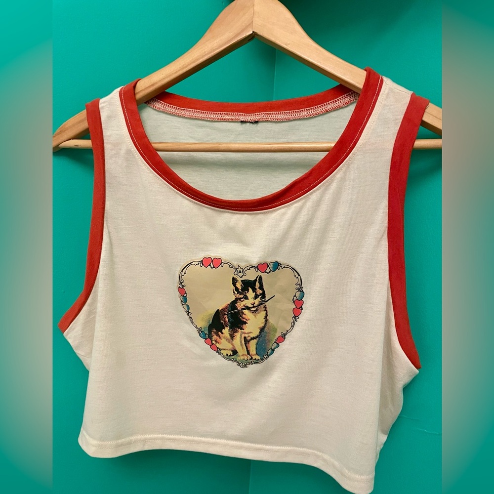 Cream and Rust Red Cat Print Crop Top